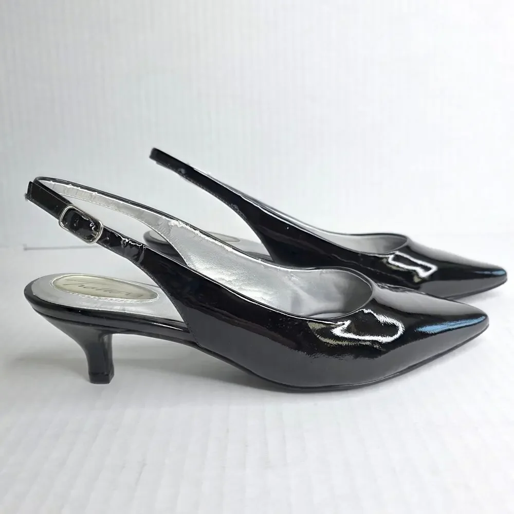 Trotters Black Patent Slingback Kitten Heels Size 6 W Pointed Toe Pumps Office - Picture 5 of 13